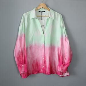 Zara Womens Top M Green Pink Dip Dye Stain Button Up Maximalist Artsy